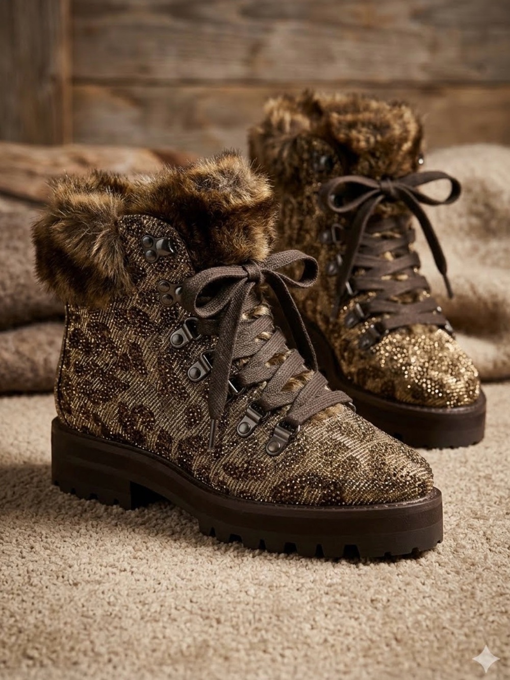 Jessica Simpson Norina  Rhinestone and Faux Fur Embellished Hiker Boots-Sz 5.5